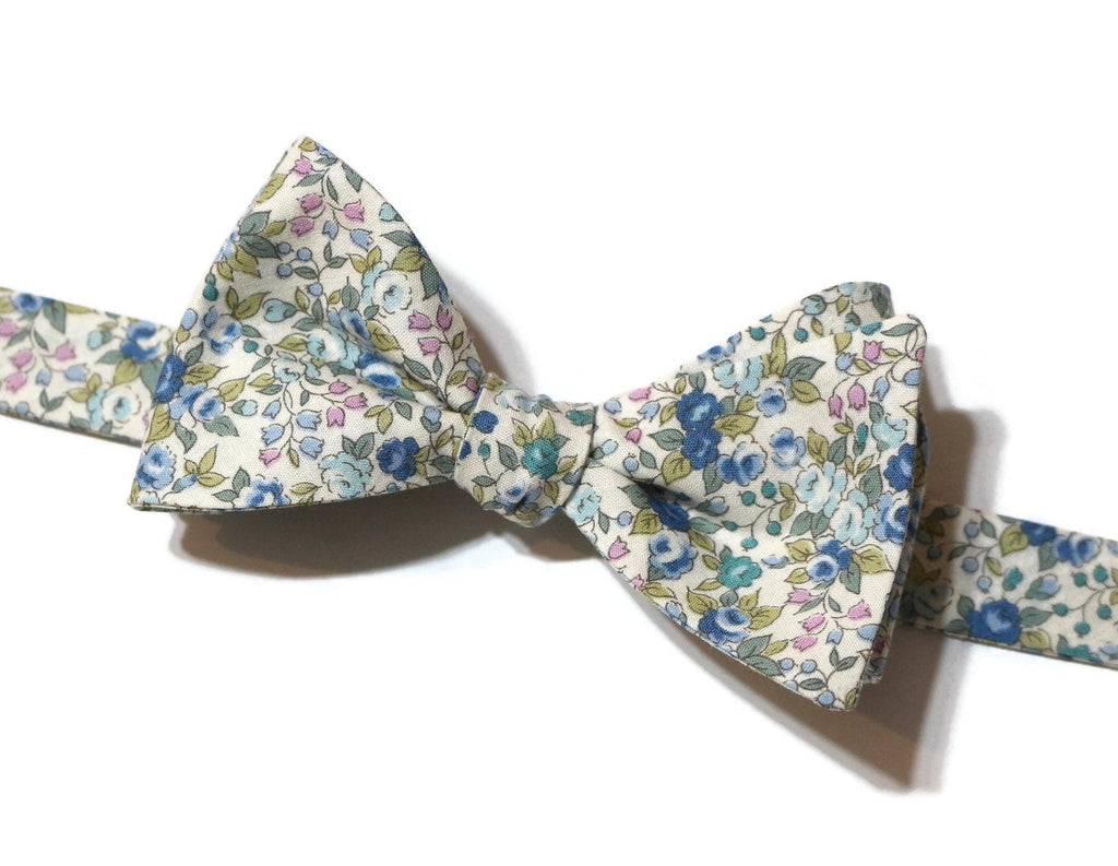 Blue & Sage Floral Bow Tie featuring a delicate floral pattern, part of our handcrafted neckties for men.