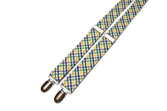 Mardi Gras Tattersall Suspenders - Boys made with 100% cotton, adjustable, floral plaid design, ideal for boys formal wear accessories.