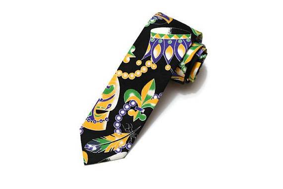 Mardi Gras Mask & Beads Necktie featuring vibrant colors and patterns, perfect for men's formal wear accessories.