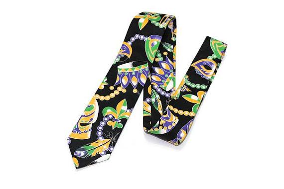 Mardi Gras Mask & Beads Necktie, handcrafted neckties, men’s neckties with vibrant colors and festive design.