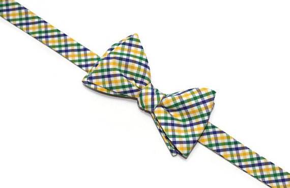 Mardi Gras Tattersall Bow Tie, handcrafted neckties, handmade bow ties for men, unique bow tie patterns.
