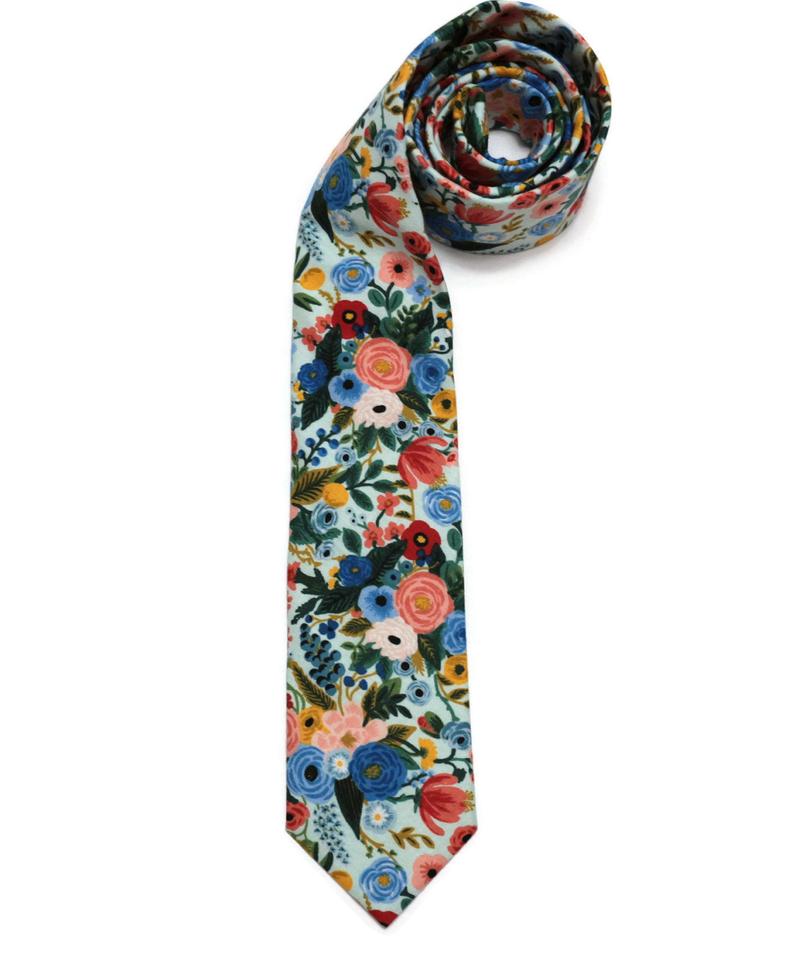 Mint Blue Garden Party Petite Floral Necktie handcrafted neckties for men; floral design perfect for weddings or formal wear.