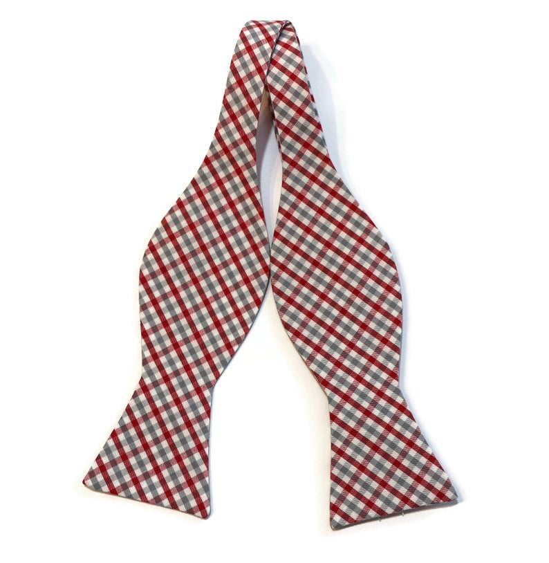 Red & Gray Tattersall Check Bow Tie, handcrafted neckties for men, stylish wedding accessories.