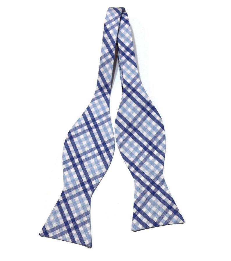 Blue & Light Blue Tattersall Bow Tie, handcrafted neckties, unique bow tie patterns for men, wedding accessories.