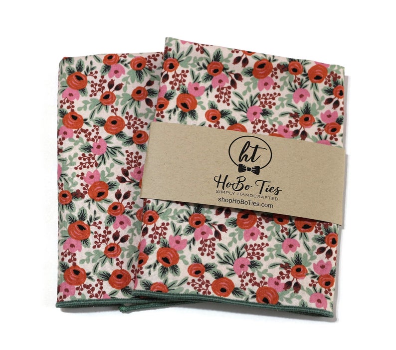 Blush Rosa Floral Pocket Square (Mens) featuring vibrant floral design, ideal for wedding accessories for men.