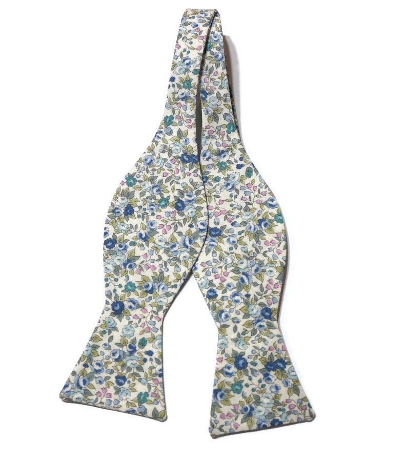 Blue & Sage Floral Bow Tie featuring delicate floral patterns, handmade bow ties for men and boys.