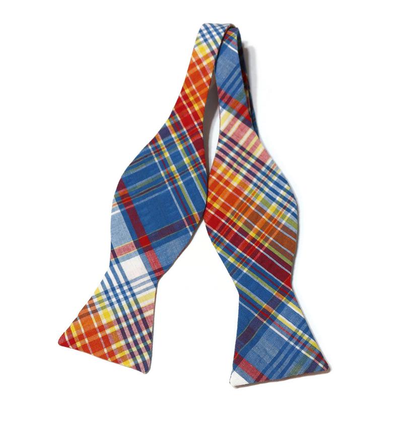 Blue Jay Plaid Seersucker Bow Tie, handcrafted neckties, unique bow tie patterns, men’s accessories USA.
