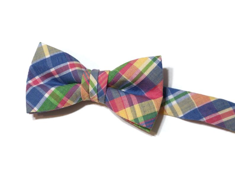Plaid Seersucker Bow Tie - Boys, handcrafted neckties, colorful pattern for boys, perfect for weddings and formal wear.