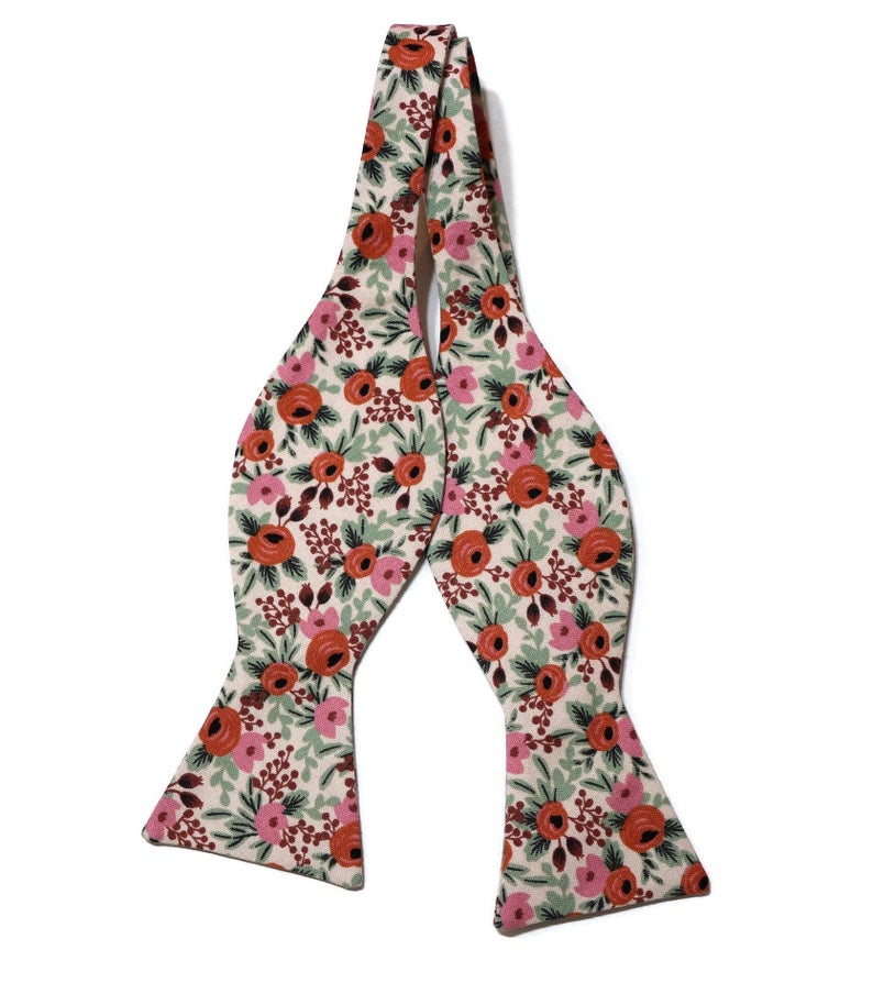 Blush Rosa Floral Bow Tie showcasing vibrant flowers, perfect for weddings and special occasions, handcrafted neckties.