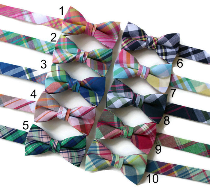 Madras Plaid Bow Ties - Boys in various colors and patterns, handmade with cotton fabric for boys aged Newborn to 12 years.