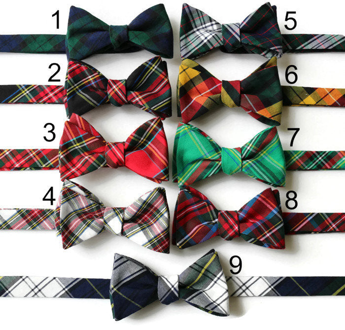 Tartan Plaid Bow Tie collection featuring various designs of handcrafted men's bow ties in colorful plaid patterns.