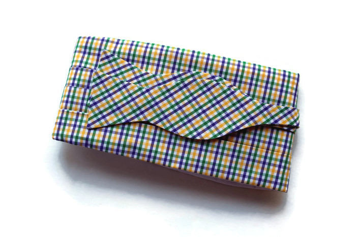 Mardi Gras Tattersall Cummerbund & Bow Tie in colorful plaid design, handmade men's accessories for formal wear.