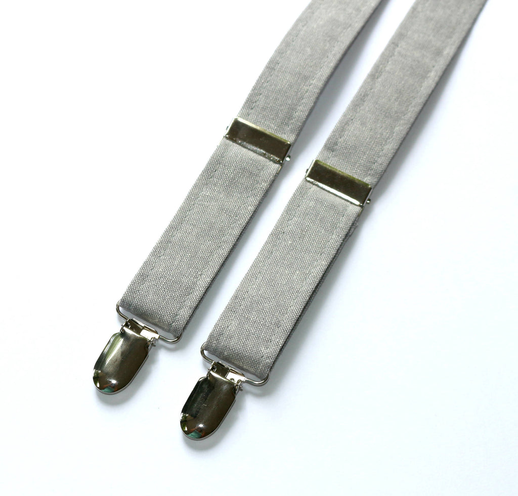 Light Gray Linen Suspenders - Boys made of linen/cotton with silver nickel hardware and adjustable design.
