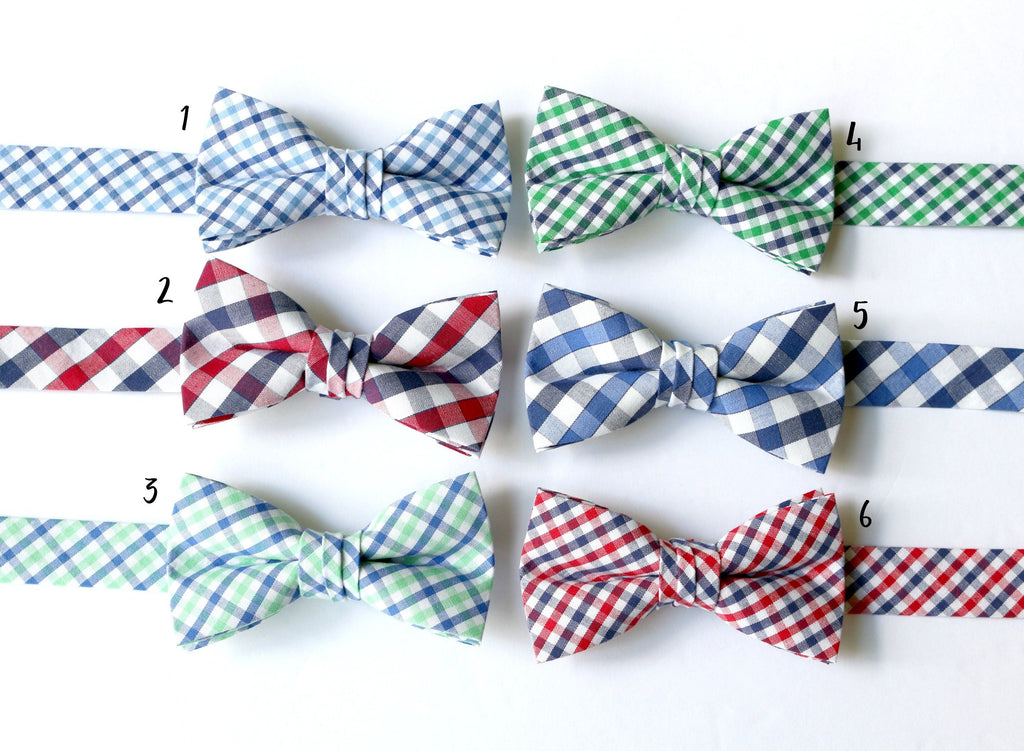 Tattersall Check Bow Tie - Boys in various colors and plaid patterns, perfect for boys' formal wear and weddings.