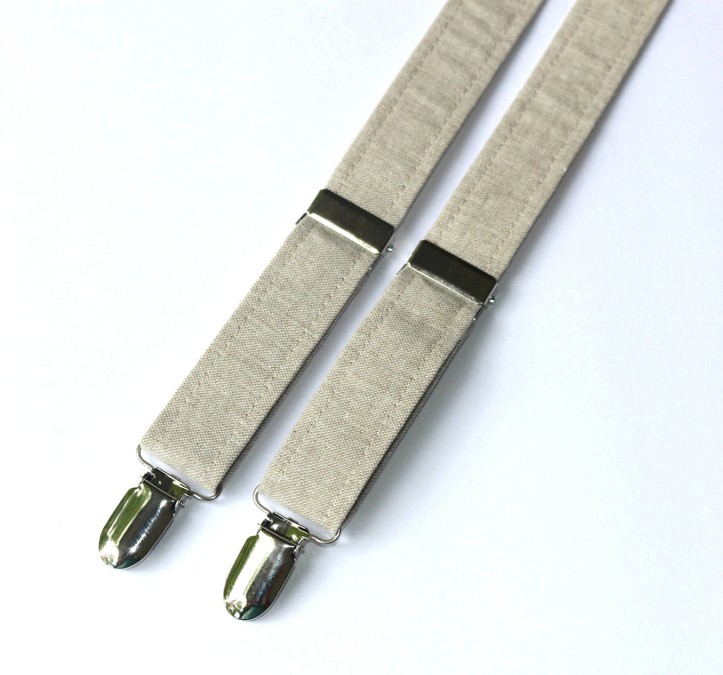 Natural Linen Suspenders - Boys made with linen fabric, adjustable with silver nickel clips, perfect for formal wear.