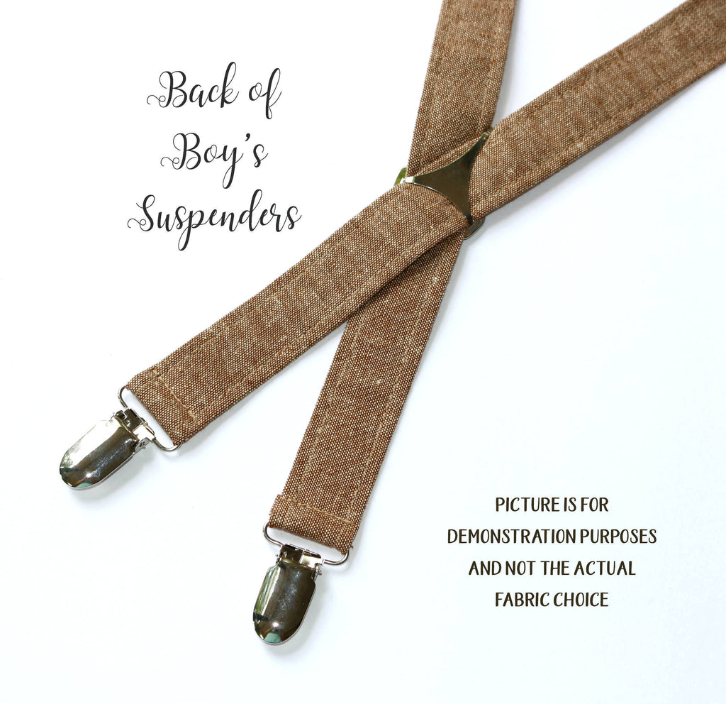 Back view of Natural Linen Suspenders - Boys, showcasing adjustable straps and silver nickel clips for kids' formal wear.