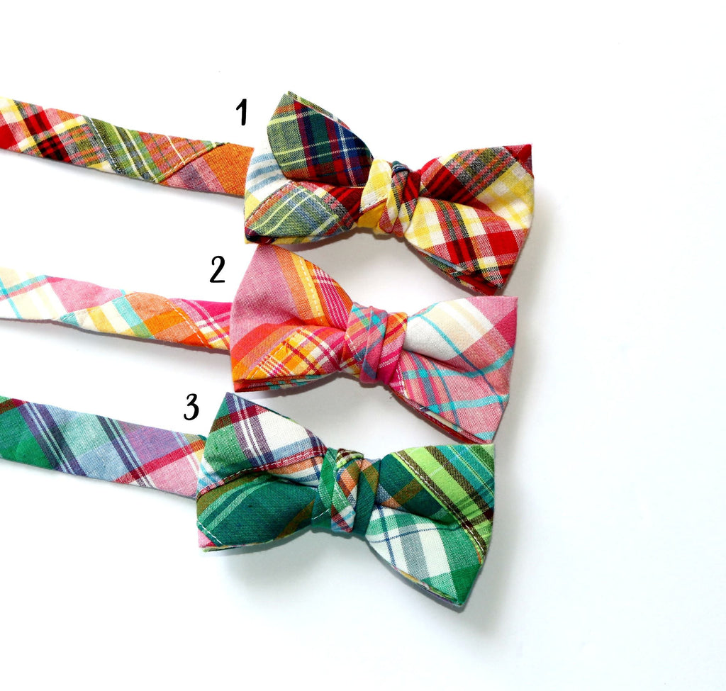 Madras Patchwork Plaid Bow Tie - Boys in vibrant colors, handcrafted neckties for boys. Unique bow tie patterns for kids.