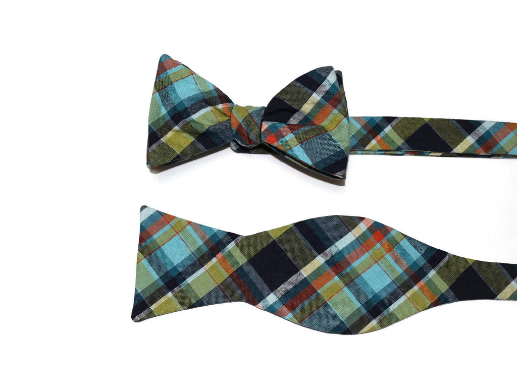 Navy & Lime Green Madras Plaid Bow Tie showcasing vibrant plaid pattern, handcrafted neckties for men and boys.