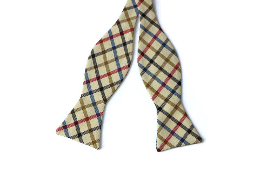 Navy, Red & Tan Window Pane Bow Tie - Boys (Self Tie) with plaid pattern, perfect for boys formal wear and weddings.