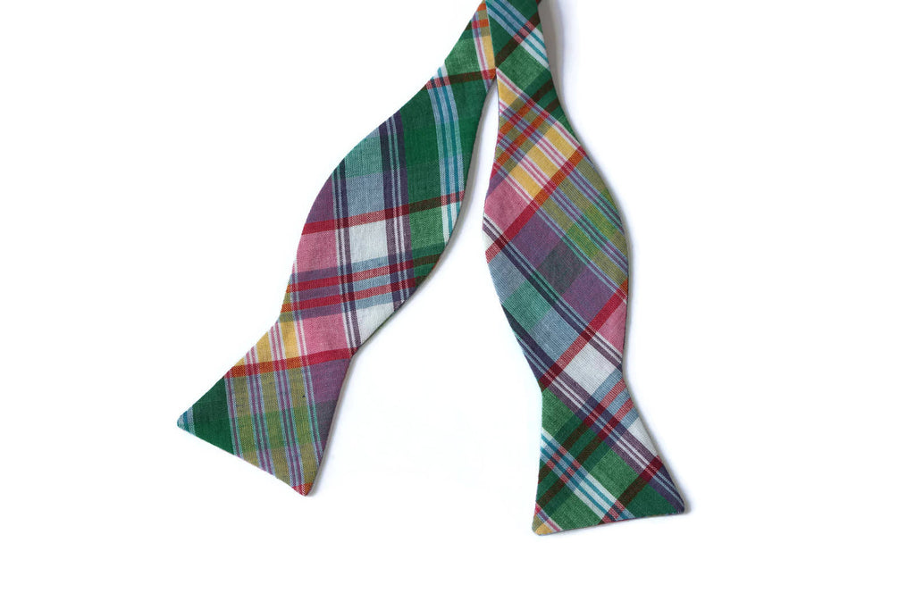 Green & Purple Madras Plaid Bow Tie - Boys (Self Tie) - Handmade boys bow tie with vibrant plaid pattern.
