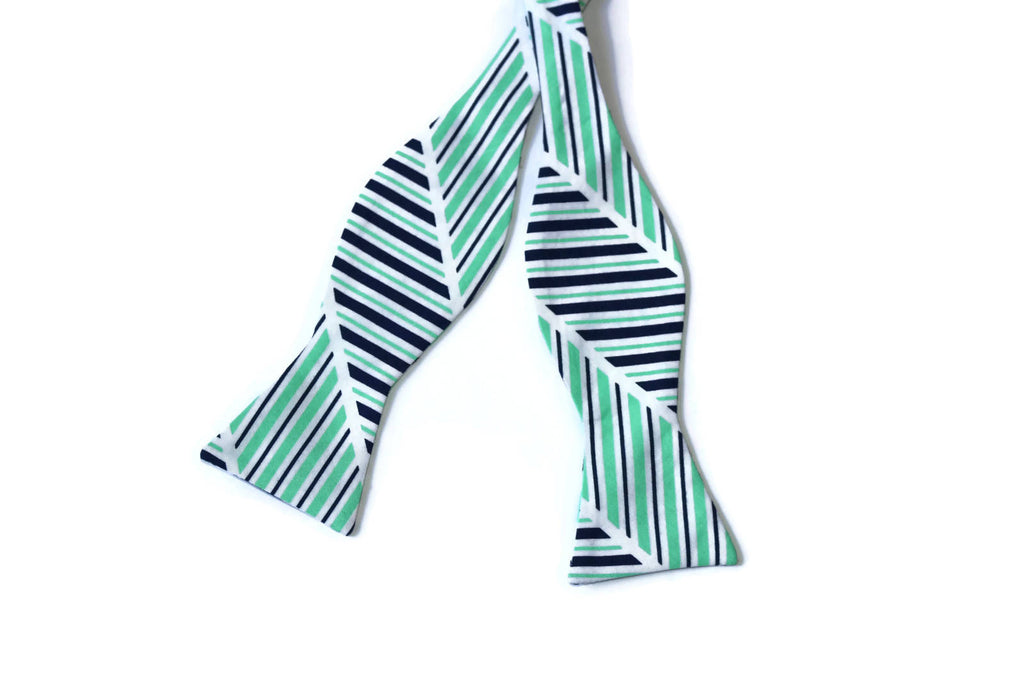 Navy & Green Stripe Bow Tie - Boys (Self Tie) handcrafted neckties for kids, handmade bow ties in unique patterns.