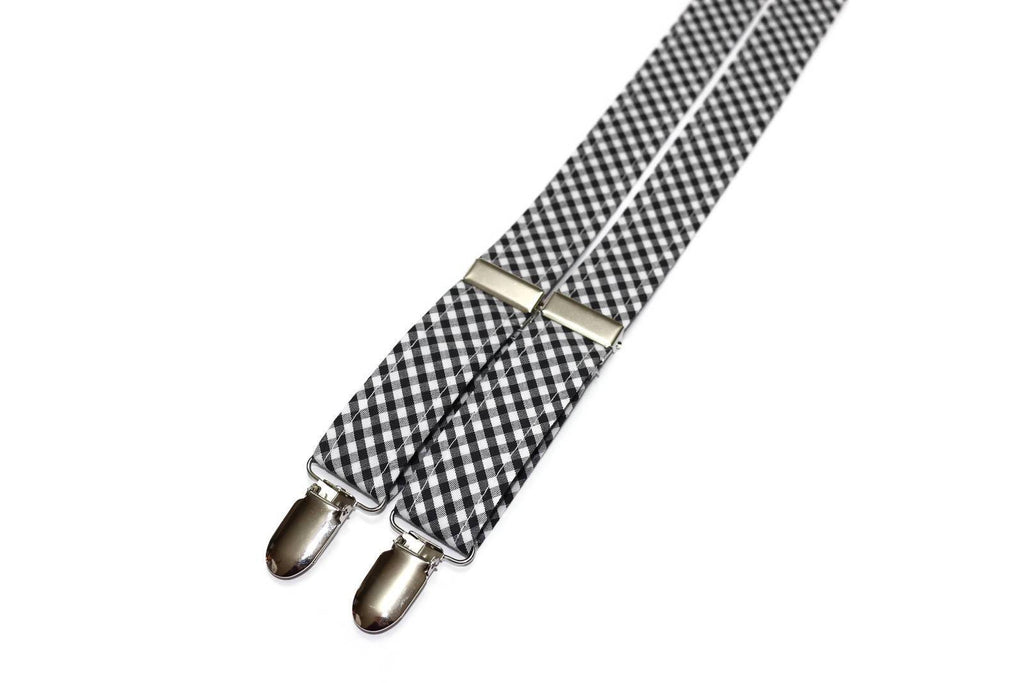 Black Gingham Check Suspenders - Boys, adjustable linen/cotton fabric with silver nickel hardware, perfect for boys' formal wear.