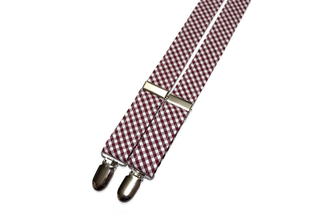 Burgundy Gingham Check Suspenders - Boys made from linen/cotton fabric with silver nickel hardware for adjustable sizing.
