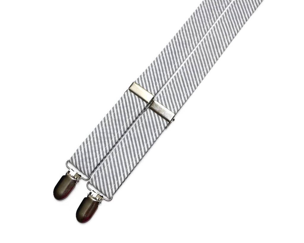 Gray Seersucker Suspenders - Boys made of linen/cotton with silver nickel hardware for kids' formal wear.