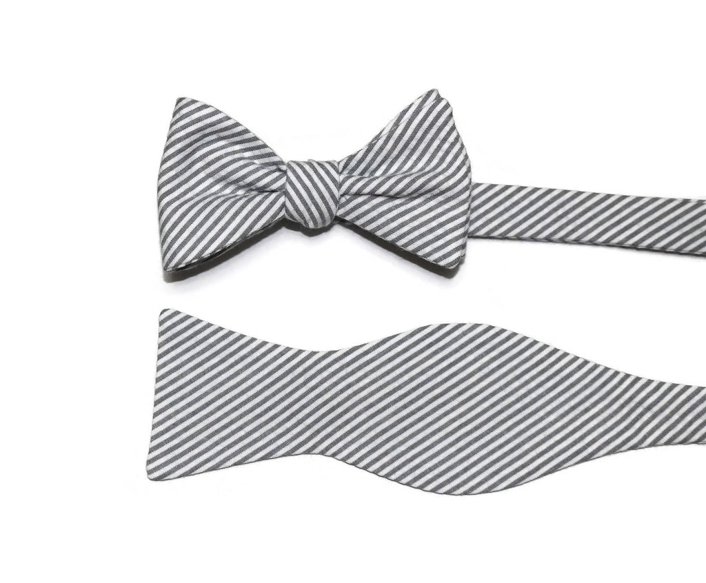 Gray Seersucker Cummerbund & Bow Tie featuring a striped design, perfect for wedding accessories for men.