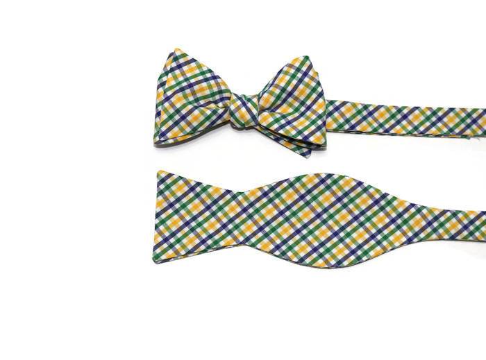 Mardi Gras Tattersall Bow Tie - a handcrafted design featuring yellow, green, and blue plaid pattern for men and boys.