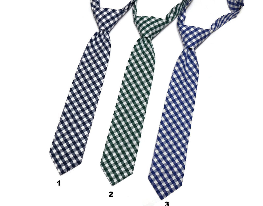 Gingham Check Necktie - Boys Pre-Tied, handcrafted neckties in navy, green, and blue plaid patterns for kids.