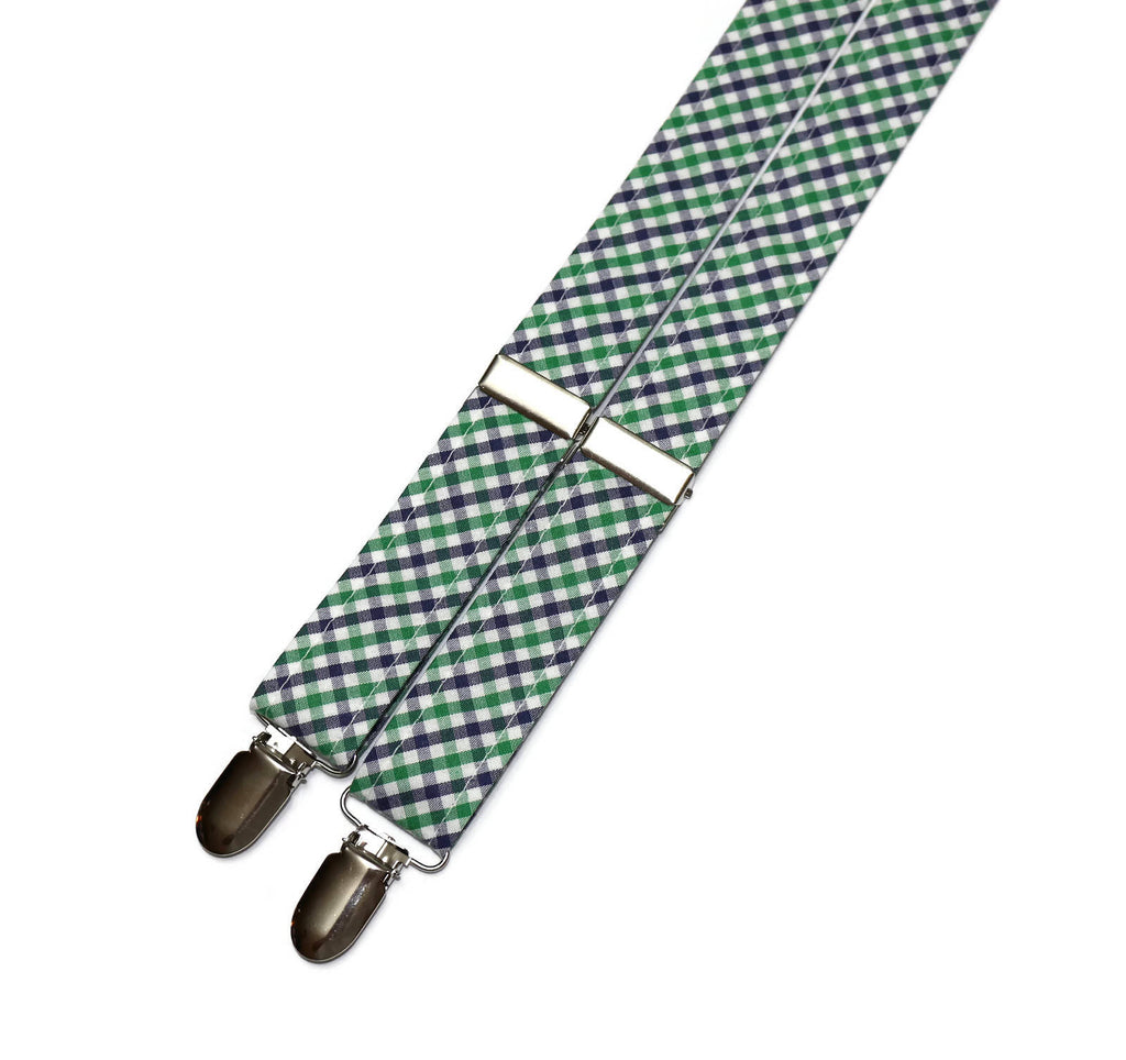 Kelly Green & Navy Tattersall Suspenders - Boys, adjustable linen fabric for kids, perfect formal wear accessories.
