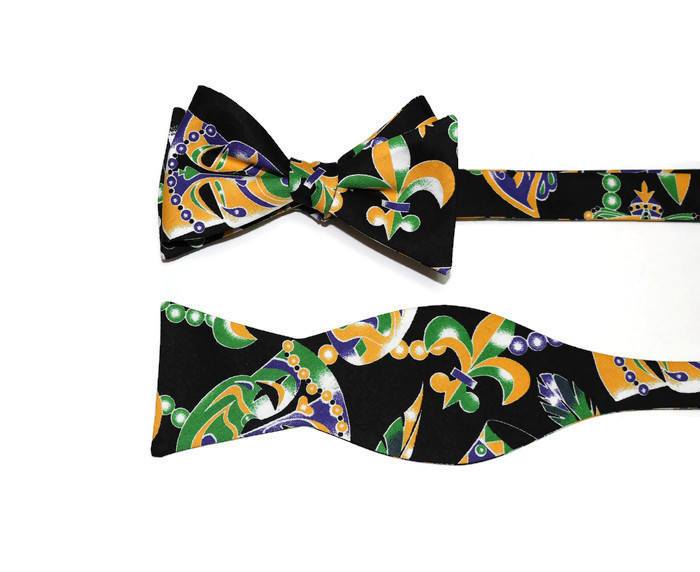 Mardi Gras Mask & Beads Bow Tie showcasing vibrant colors and patterns, ideal for men's formal wear accessories.