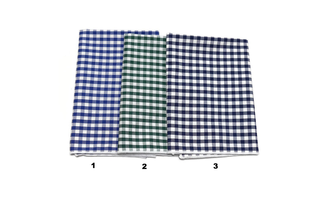 Gingham Check Pocket Square (Mens) in blue, green, and navy plaid patterns, perfect for wedding accessories for men.