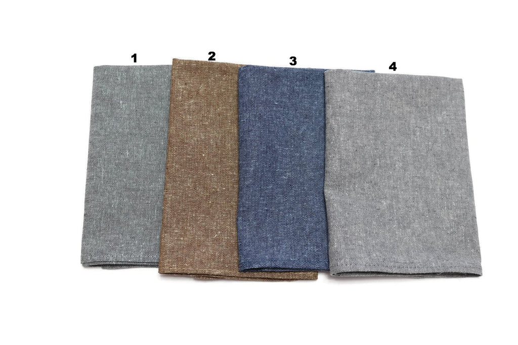 Linen Pocket Square (Mens) in four colors, showcasing unique textures for handcrafted neckties and men's formal wear accessories.