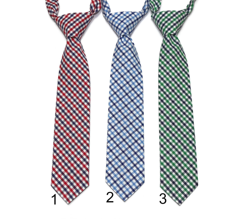 Tattersall Check Necktie - Boys Pre-Tied in red, blue, and green plaid pattern, handcrafted neckties for kids.
