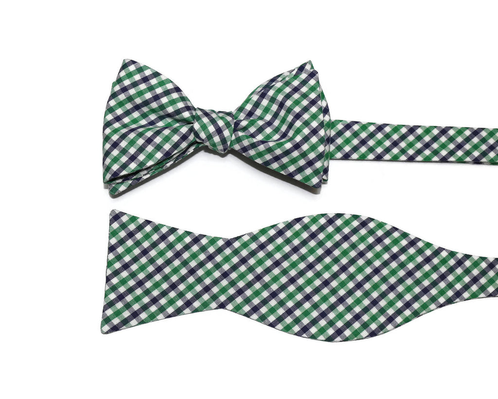Kelly Green & Navy Tattersall Cummerbund & Bow Tie for men, handmade with floral plaid design, perfect wedding accessories.