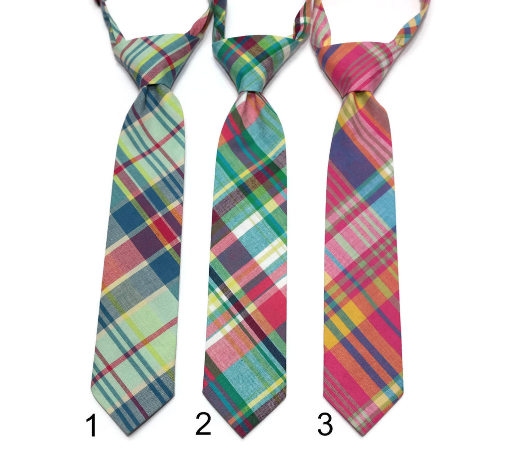 Madras Plaid Neckties - Boys Pre-Tied in colorful patterns, perfect for weddings and formal occasions, handcrafted neckties.
