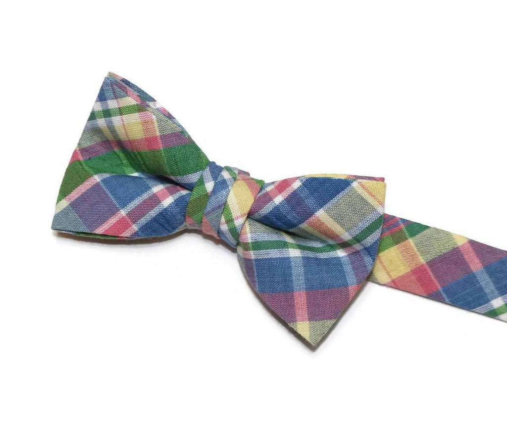 Easter Plaid Seersucker Bow Tie - Boys, handcrafted neckties, colorful plaid pattern, boys formal accessories.
