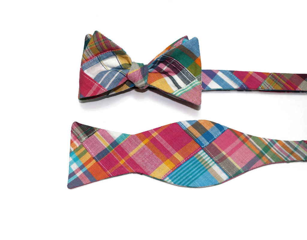Summer Madras Patchwork Plaid Bow Tie showing vibrant plaid design, perfect for spring and summer occasions.