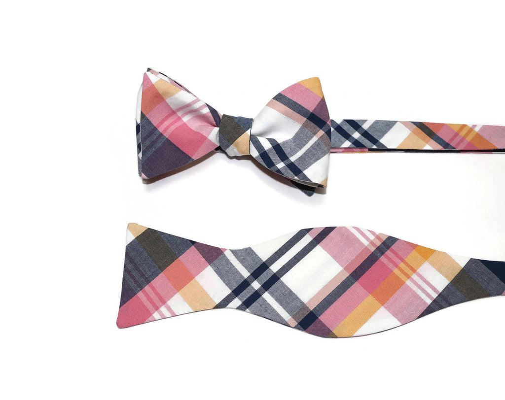 Pink & Navy Newport Plaid Bow Tie, handcrafted neckties, handmade bow ties for men and boys.