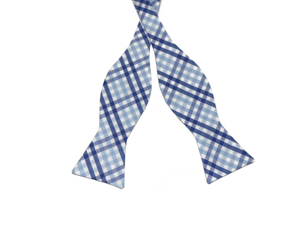 Blue Tattersall Bow Tie - Boys (Self Tie) handcrafted neckties in blue plaid pattern, perfect for formal occasions.