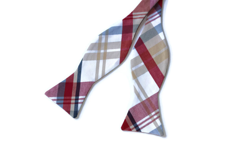 Red & Tan Newport Plaid Bow Tie - Boys (Self Tie) handmade with unique plaid patterns, perfect for boys formal accessories.