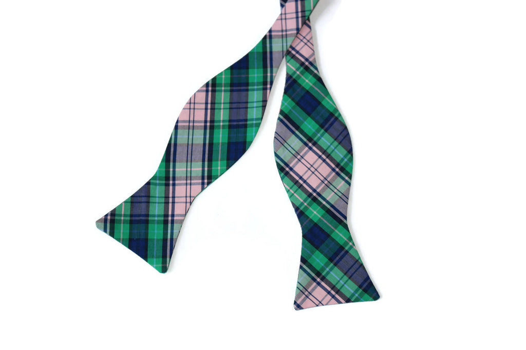 Green, Pink & Navy Plaid Bow Tie - Boys (Self Tie) showcasing vibrant plaids, perfect for formal wear and special occasions.