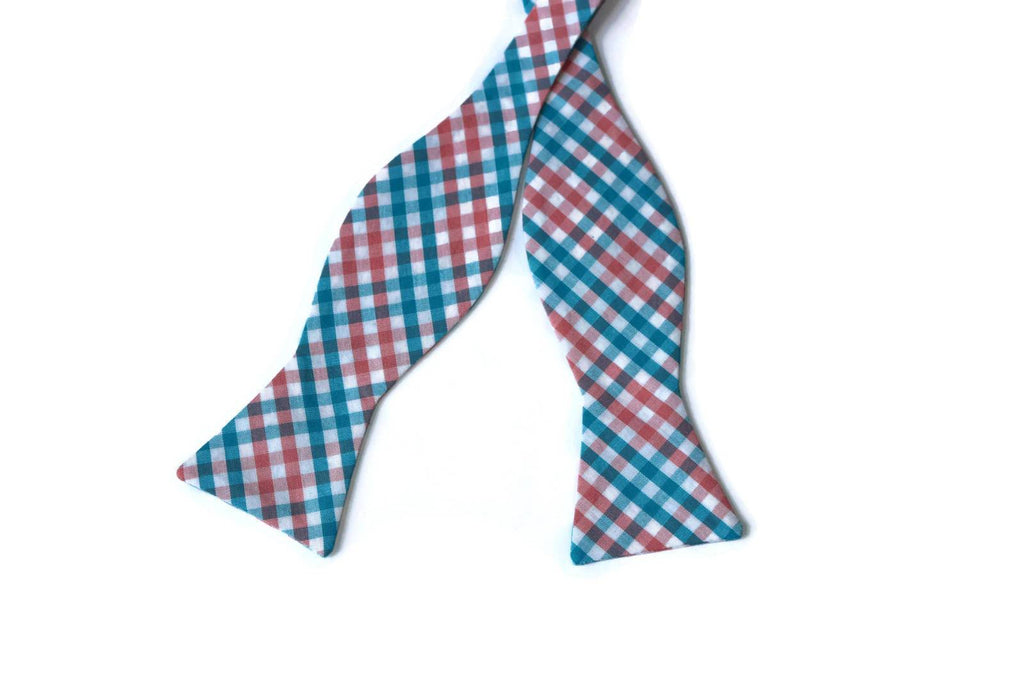 Coral & Turquoise Tattersall Bow Tie - Boys (Self Tie) - handmade bow ties featuring plaid pattern.
