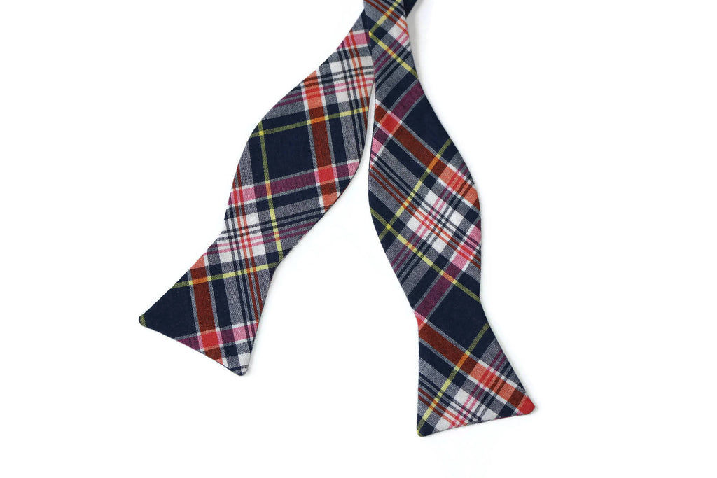Navy Blue Madras Plaid Bow Tie - Boys (Self Tie) - Handcrafted plaid design perfect for boys' formal wear.