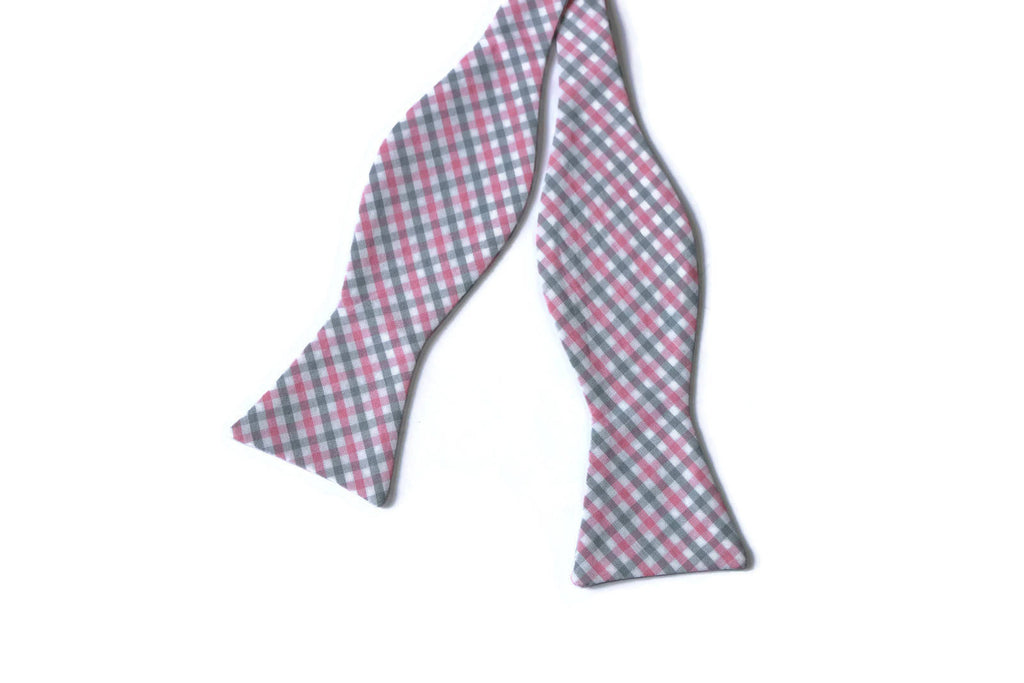 Gray & Pink Tattersall Bow Tie - Boys (Self Tie) showcasing handcrafted design, perfect for boys formal accessories and weddings.