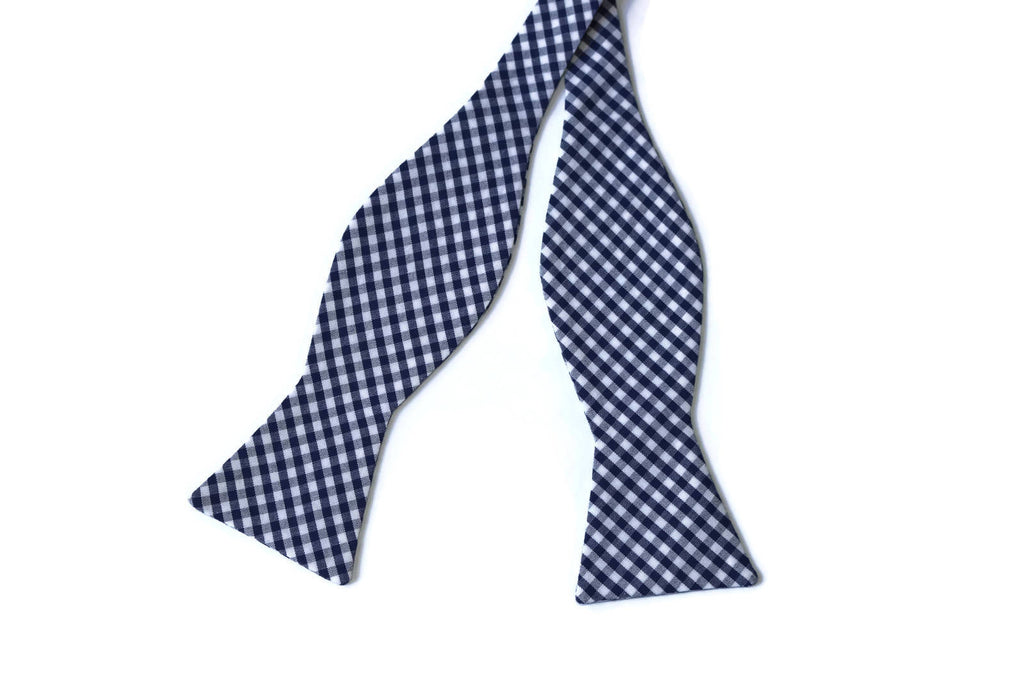 Navy Blue Gingham Check Bow Tie - Boys (Self Tie) showcasing a unique plaid design, ideal for boys formal accessories.