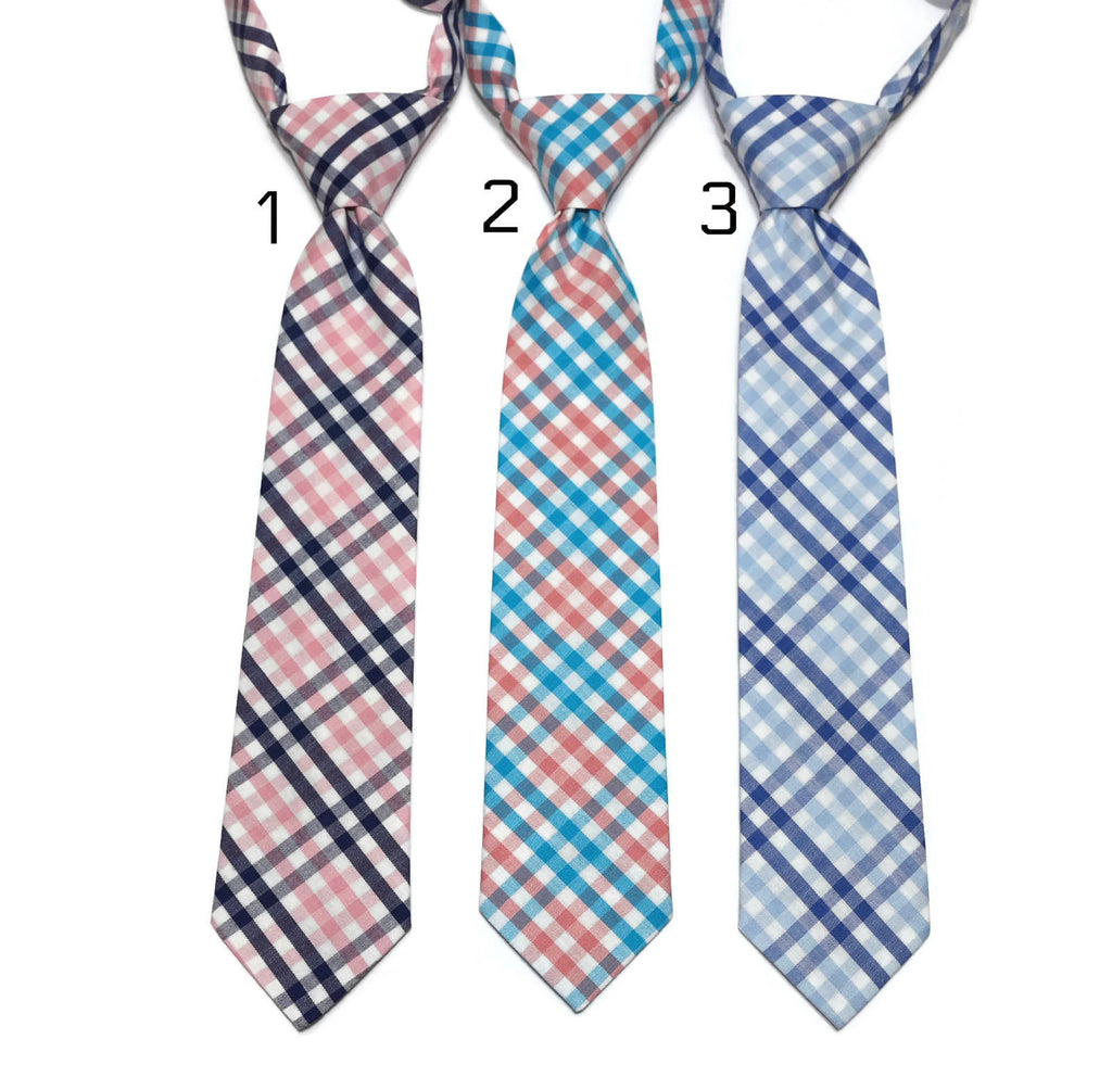 Tattersall Check Neckties- Boys Pre-Tied collection featuring pink, blue, and light blue plaid designs.