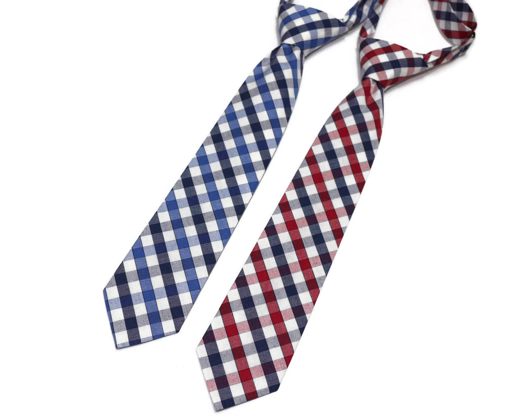 Plaid Check Neckties - Boys Pre-Tied in navy and red, handcrafted neckties for kids, perfect for formal wear.